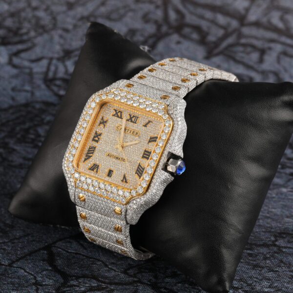 Cartier Santos Moissanite Diamond Full Iced Out Men Watch, Stainless Steel White & Yellow Gold Plated Men Watch For Birthday Gift