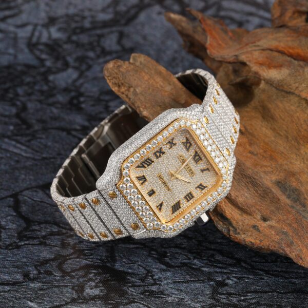 Cartier Santos Moissanite Diamond Full Iced Out Men Watch, Stainless Steel White & Yellow Gold Plated Men Watch For Birthday Gift