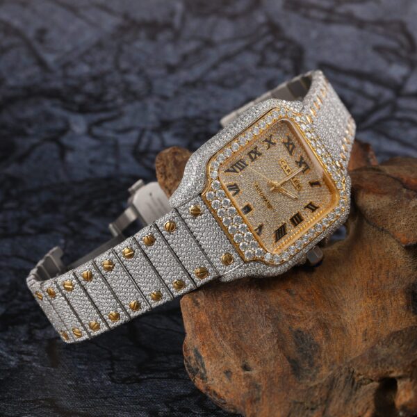 Cartier Santos Moissanite Diamond Full Iced Out Men Watch, Stainless Steel White & Yellow Gold Plated Men Watch For Birthday Gift