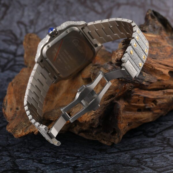 Cartier Santos Moissanite Diamond Full Iced Out Men Watch, Stainless Steel White & Yellow Gold Plated Men Watch For Birthday Gift