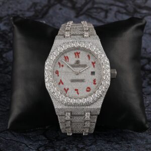 1B6A7225 Audemars Piguet Full Iced Out Moissanite Diamond Men Watch, Stainless Steel White Gold Arabic Font Men Watch