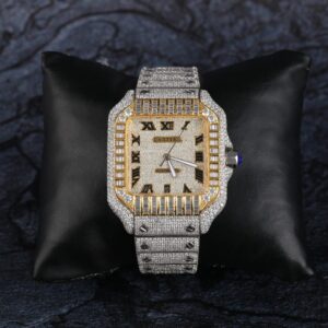 Cartier Santos Round & Baguette Moissanite Diamond Men Watch, Stainless Steel Yellow Gold Plated Men Watch For Birthday Gift