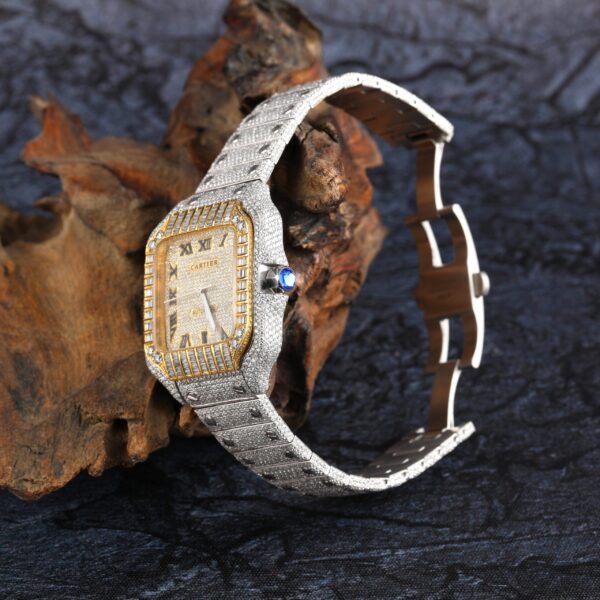 Cartier Santos Round & Baguette Moissanite Diamond Men Watch, Stainless Steel Yellow Gold Plated Men Watch For Birthday Gift