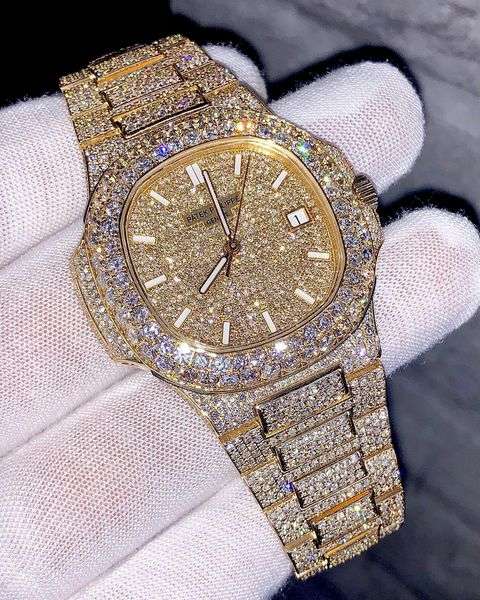 Patek Philippe Geneve Round Moissanite Diamond Men Automatic Watch, Yellow Gold Plated Men Watch For Birthday Gift