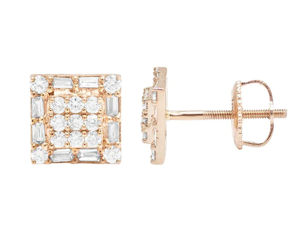 Baguette & Round Moissanite Diamond Sterling Silver Stud Diamond Earring, Jewelry For Women, Anniversary Gift For Her