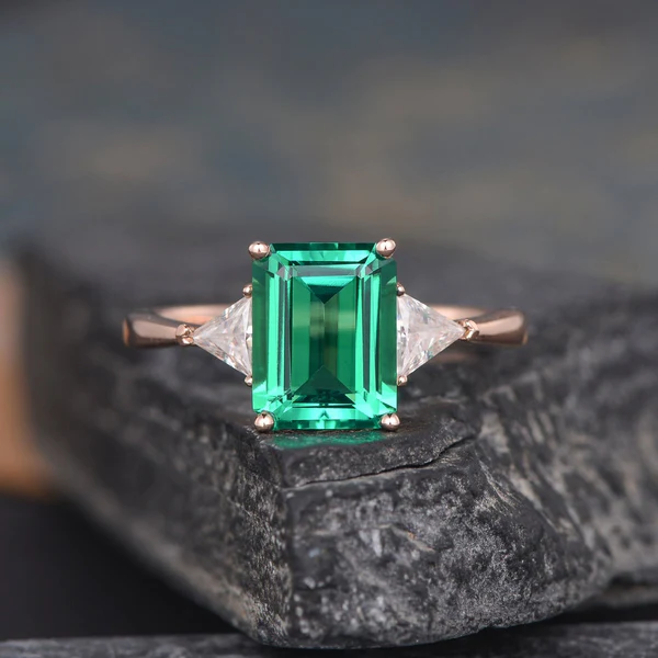 Emerald Cut Moissanite Engagement Ring Rose Gold Trillion Cut Lab Emerald Ring Triangle Shaped Moissanite Unique Ring Three Stone Ring