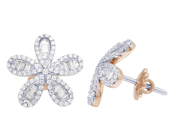 Round & Baguette Moissanite Diamond Sterling Silver Stud Flower Diamond Earring, Jewelry For Women, Anniversary Gift For Her