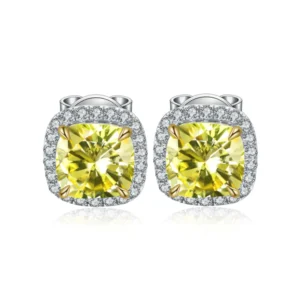 Yellow Cushion Moissanite Diamond Sterling Silver Stud Diamond Earring, 10K/14K Gold Jewelry For Women, Anniversary Gift For Her