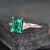 Emerald Cut Moissanite Engagement Ring Rose Gold Trillion Cut Lab Emerald Ring Triangle Shaped Moissanite Unique Ring Three Stone Ring