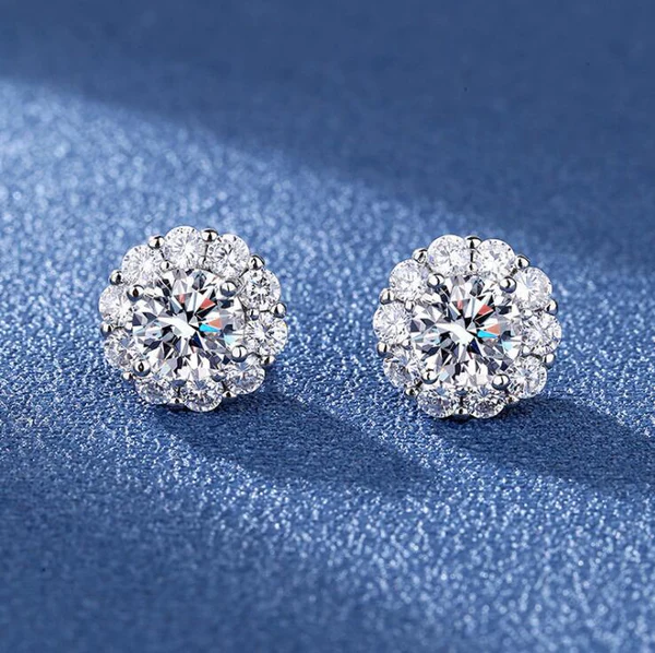 Round Moissanite Diamond Sterling Silver Stud Halo Diamond Earring, Jewelry For Women, Anniversary Gift For Her