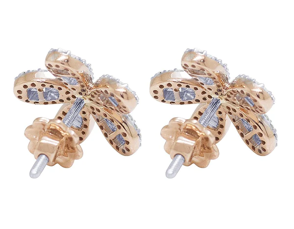 Round & Baguette Moissanite Diamond Sterling Silver Stud Flower Diamond Earring, Jewelry For Women, Anniversary Gift For Her