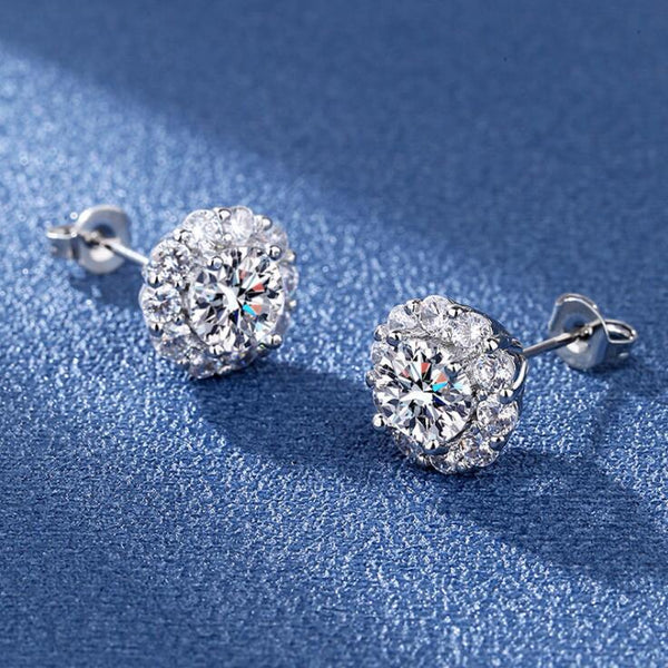 Round Moissanite Diamond Sterling Silver Stud Halo Diamond Earring, Jewelry For Women, Anniversary Gift For Her