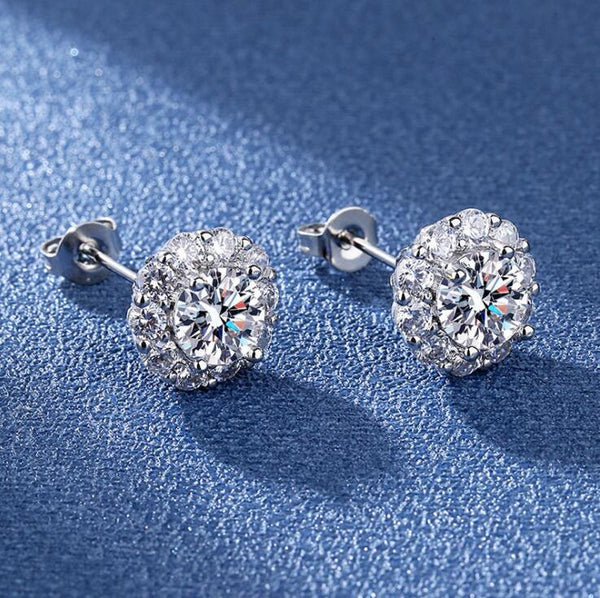 Round Moissanite Diamond Sterling Silver Stud Halo Diamond Earring, Jewelry For Women, Anniversary Gift For Her