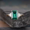 Emerald Cut Moissanite Engagement Ring Rose Gold Trillion Cut Lab Emerald Ring Triangle Shaped Moissanite Unique Ring Three Stone Ring