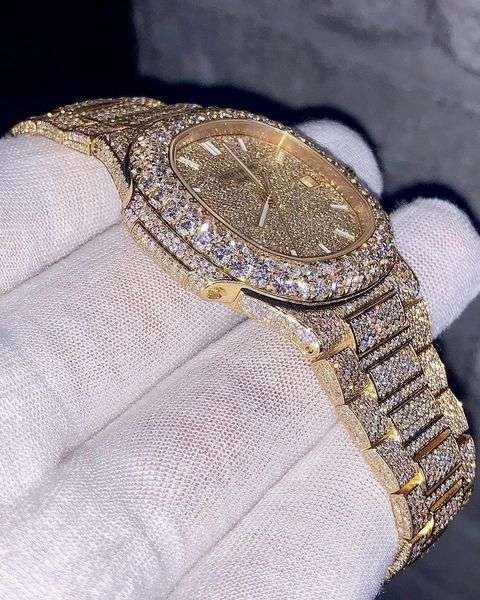 Patek Philippe Geneve Round Moissanite Diamond Men Automatic Watch, Yellow Gold Plated Men Watch For Birthday Gift