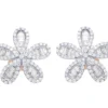 Round & Baguette Moissanite Diamond Sterling Silver Stud Flower Diamond Earring, Jewelry For Women, Anniversary Gift For Her