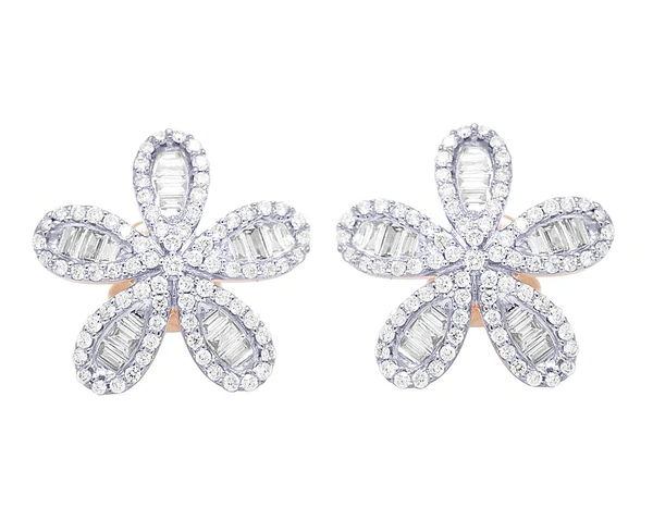 Round & Baguette Moissanite Diamond Sterling Silver Stud Flower Diamond Earring, Jewelry For Women, Anniversary Gift For Her