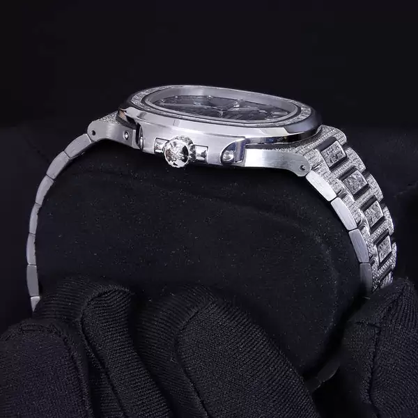 Patek Philippe Geneve Round & Baguette Moissanite Diamond Men Automatic Watch, White Gold Plated Full Iced Out Men Watch For Birthday Gift