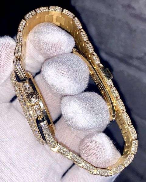 Patek Philippe Geneve Round Moissanite Diamond Men Automatic Watch, Yellow Gold Plated Men Watch For Birthday Gift