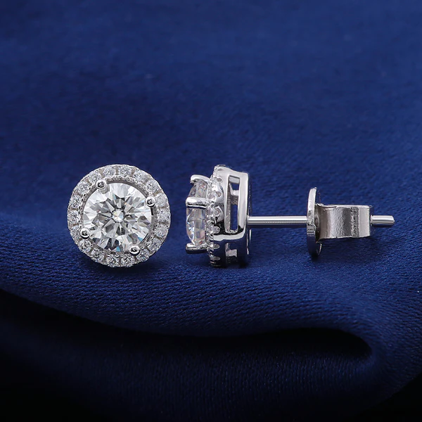 Round Moissanite Diamond Sterling Silver Stud Halo Diamond Earring, Jewelry For Women, Anniversary Gift For Her
