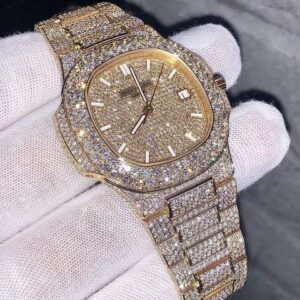 Patek Philippe Geneve Round Moissanite Diamond Men Automatic Watch, Yellow Gold Plated Men Watch For Birthday Gift