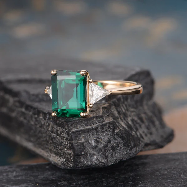 Emerald Cut Moissanite Engagement Ring Rose Gold Trillion Cut Lab Emerald Ring Triangle Shaped Moissanite Unique Ring Three Stone Ring