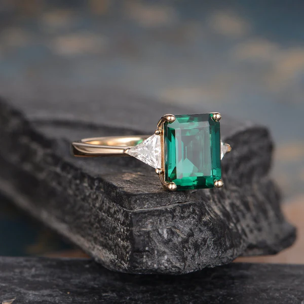 Emerald Cut Moissanite Engagement Ring Rose Gold Trillion Cut Lab Emerald Ring Triangle Shaped Moissanite Unique Ring Three Stone Ring