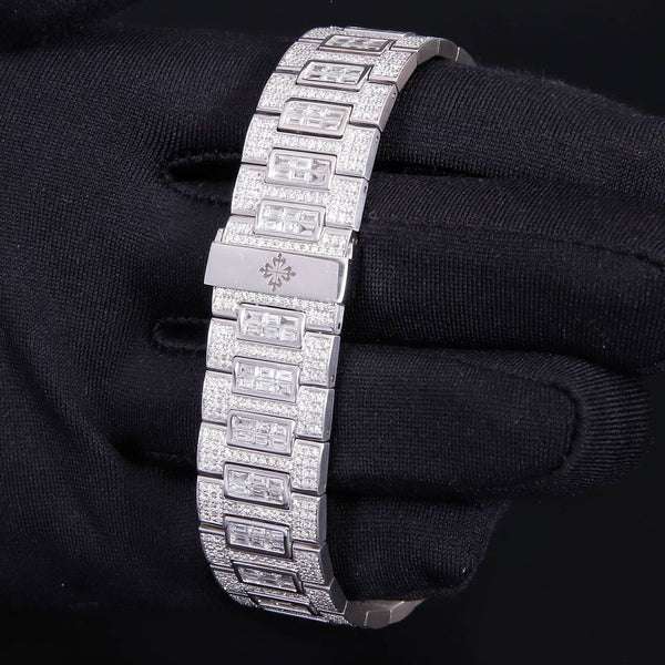 Patek Philippe Geneve Round & Baguette Moissanite Diamond Men Automatic Watch, White Gold Plated Full Iced Out Men Watch For Birthday Gift