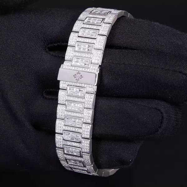 Patek Philippe Geneve Round & Baguette Moissanite Diamond Men Automatic Watch, White Gold Plated Full Iced Out Men Watch For Birthday Gift