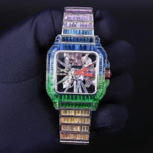 Cartier Skeleton Rainbow Sapphire Diamond Men Watch, Stainless Steel White Gold Plated Men Watch For Birthday Gift