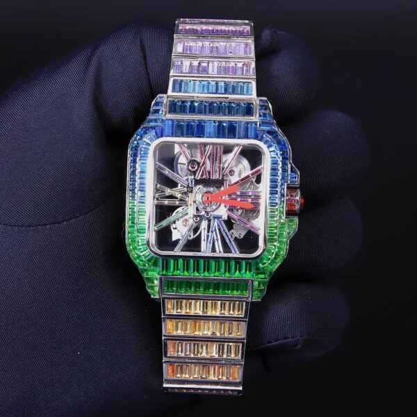 IMG-20220203-WA0036 Cartier Skeleton Rainbow Sapphire Diamond Men Watch, Stainless Steel White Gold Plated Men Watch For Birthday Gift