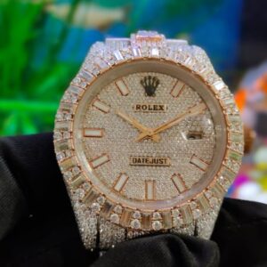 Rolex Datejust Full Iced Out Moissanite Diamond Watch, Baguette Round Prinsees VVS Moissanite Diamond Wrist Watch For Men, White Plated Men Diamond Watch
