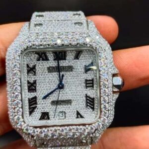 Cartier Santos Eta Mument Moissanite Diamond Men Watch, Stainless Steel White Gold Plated Roman Men Watch For Birthday Gift
