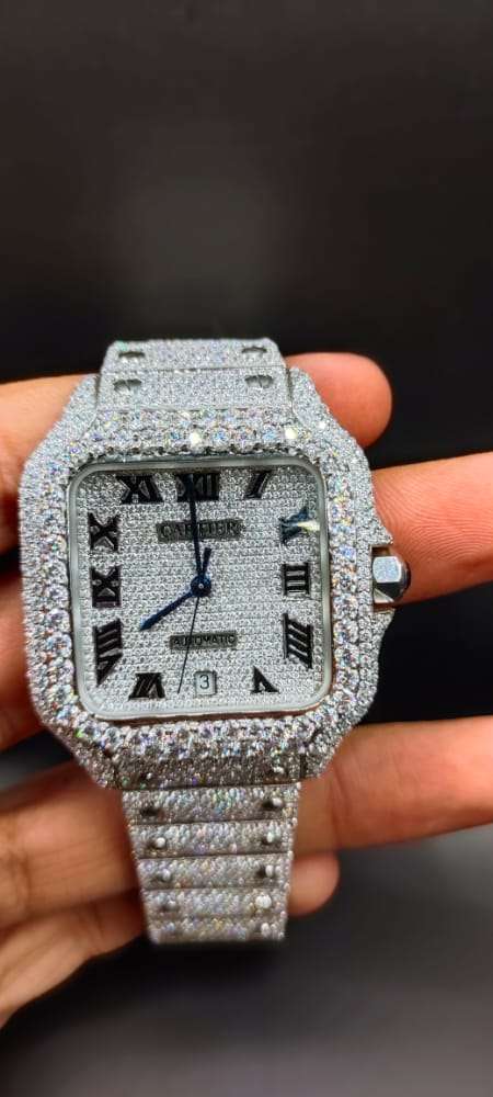 Cartier Santos Eta Mument Moissanite Diamond Men Watch, Stainless Steel White Gold Plated Roman Men Watch For Birthday Gift