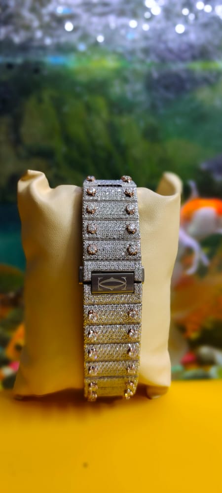 Cartier Santos Skeleton Moissanite Diamond Full Iced Out Men Watch, Stainless Steel White & Ross Gold Arbic Plated Men Watch For Birthday Gift