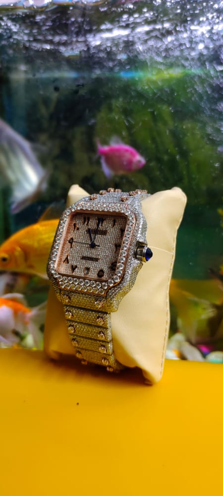 Cartier Santos Skeleton Moissanite Diamond Full Iced Out Men Watch, Stainless Steel White & Ross Gold Arbic Plated Men Watch For Birthday Gift