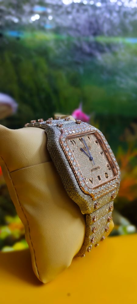 Cartier Santos Skeleton Moissanite Diamond Full Iced Out Men Watch, Stainless Steel White & Ross Gold Arbic Plated Men Watch For Birthday Gift