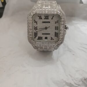 Cartier Santos Round & Baguette Moissanite Diamond Men Watch, Stainless Steel Gold Plated Men Watch For Birthday Gift