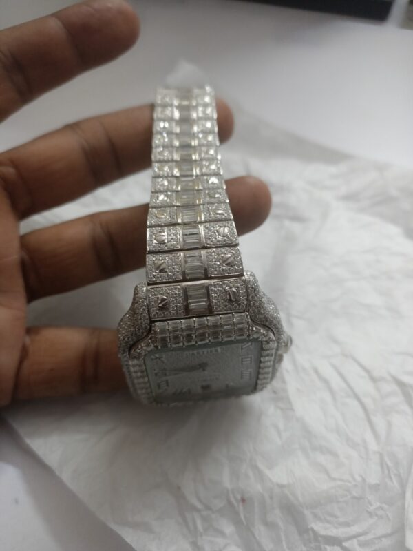 Cartier Santos Round & Baguette Moissanite Diamond Men Watch, Stainless Steel Gold Plated Men Watch For Birthday Gift