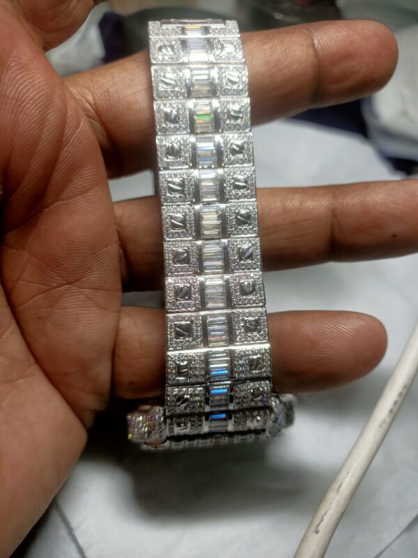 Cartier Santos Round & Baguette Moissanite Diamond Men Watch, Stainless Steel Gold Plated Men Watch For Birthday Gift