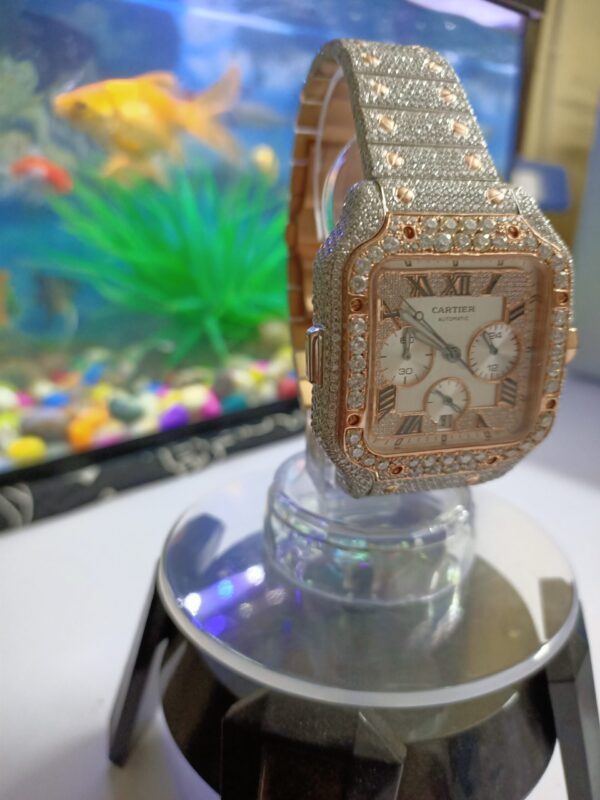 Cartier Prev Next Cartier Santos  Chronograph Moissanite Diamond Men Watch, Stainless Steel White OR Rose Gold Plated Arabic Men Watch For Birthday Gift