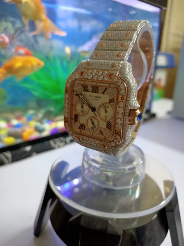 Cartier Prev Next Cartier Santos  Chronograph Moissanite Diamond Men Watch, Stainless Steel White OR Rose Gold Plated Arabic Men Watch For Birthday Gift