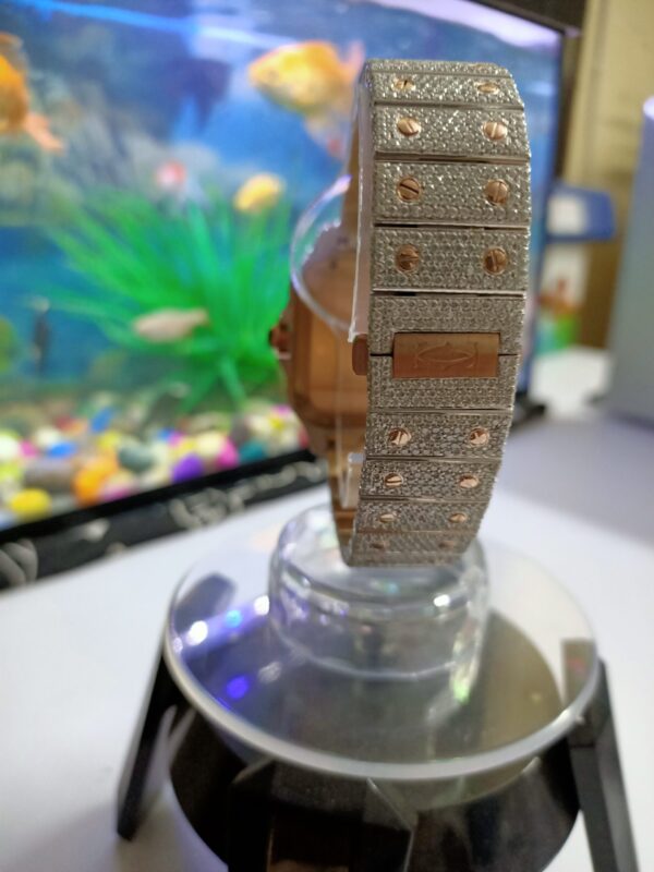 Cartier Prev Next Cartier Santos  Chronograph Moissanite Diamond Men Watch, Stainless Steel White OR Rose Gold Plated Arabic Men Watch For Birthday Gift