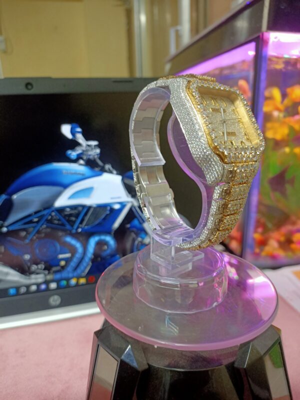 Cartier Santos Round Moissanite Diamond 3D Calet Men Watch, Stainless Steel White Gold Plated Men Watch For Birthday Gift