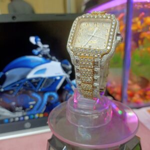 Cartier Santos Round Moissanite Diamond 3D Calet Men Watch, Stainless Steel White Gold Plated Men Watch For Birthday Gift