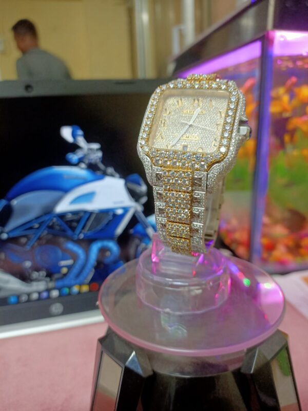 Cartier Santos Round Moissanite Diamond 3D Calet Men Watch, Stainless Steel White Gold Plated Men Watch For Birthday Gift