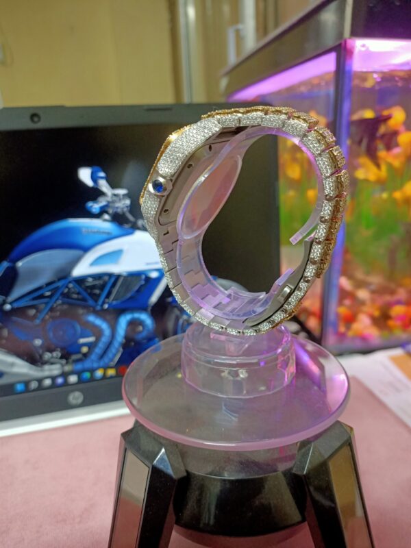 Cartier Santos Round Moissanite Diamond 3D Calet Men Watch, Stainless Steel White Gold Plated Men Watch For Birthday Gift