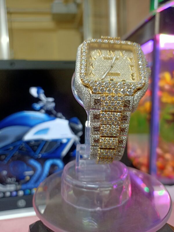 Cartier Santos Round Moissanite Diamond 3D Calet Men Watch, Stainless Steel White Gold Plated Men Watch For Birthday Gift