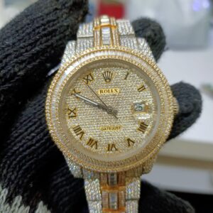 Rolex Datejust Full Iced Out Moissanite Diamond Watch, Baguette And Round VVS Moissanite Diamond Wrist Watch For Men, White & Yellow Gold Plated Men Diamond Watch