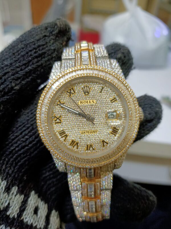 Rolex Datejust Full Iced Out Moissanite Diamond Watch, Baguette And Round VVS Moissanite Diamond Wrist Watch For Men, White & Yellow Gold Plated Men Diamond Watch